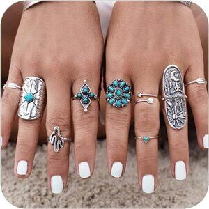 Boho Turquoise Ring Set – Vintage Western-Inspired Stackable Jewelry Set of 9